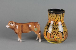 A Beswick figure of a calf 7", a 1960's Poole baluster vase with freeform decoration 6" 