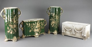 A Victorian style 2 handled jardiniere, the green ground with gilt bird and floral decoration 12", a pair of ensuite vases and a classical decorated jardiniere