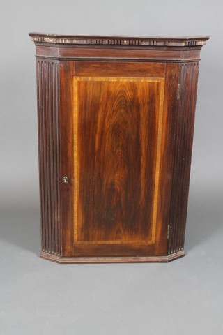 A Georgian mahogany hanging corner cabinet with moulded and dentil cornice, having fluted columns to the side, fitted shelves enclosed by a panelled door 40"h x 29"w x 16"d 