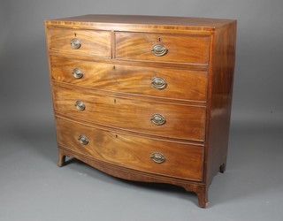 A Georgian mahogany bow front chest inlaid satinwood stringing, with 2 short and 3 long drawers with brass swan neck handles raised on splayed bracket feet
40"h x 42" w x 20"d