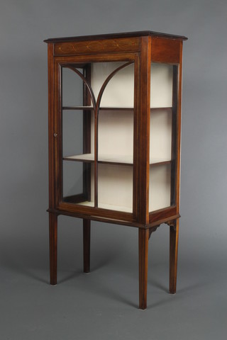 An Edwardian mahogany inlaid display cabinet, the interior fitted shelves enclosed by astragal glazed doors raised on square tapered supports 48"h x 24"w x12 1/2" d