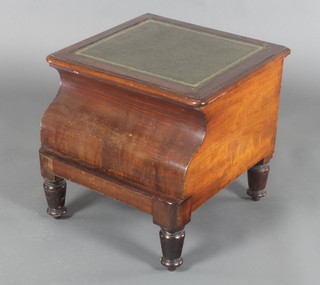 A Victorian mahogany step commode, the hinged lid with inset leather surface, complete with china liner raised on turned supports 17"h x 16"w x 181/2"l