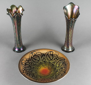 A 1970's Pool Aegean design bowl 10 1/2", 2 Carnival glass vases 12" 