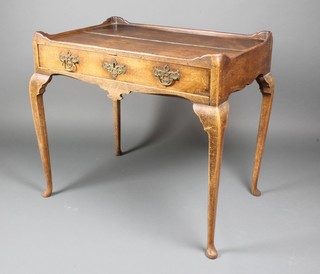 A George III rectangular oak silver table, fitted 1 long drawer with iron lock, raised on cabriole supports 29"h x 31"w x 21"d 