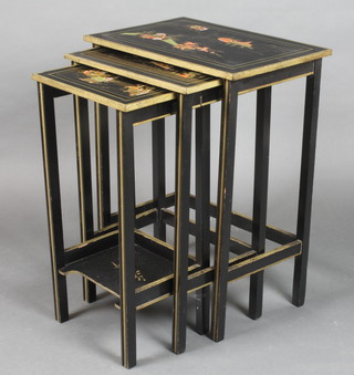 A nest of 3 1930's black lacquered chinoiserie style interfitting tables, largest - 24"h x 18"w x 12"d, intermediate - 23"h x 15"w x 10 1/2"d - smallest 22"h x 12"w x 9 1/2"d  