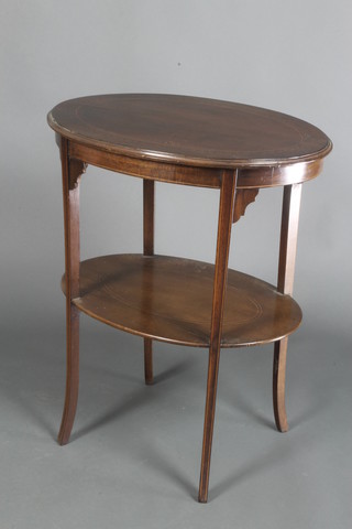 An Edwardian oval inlaid mahogany 2 tier occasional table raised on outswept supports 28 1/2"h x 24"w x 17 1/2"d 