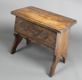 A rectangular carved oak joint stool/box with hinged lid, raised on panelled supports 17"h x 20"w x 11"d 