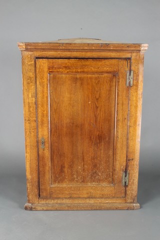A Georgian oak hanging corner cabinet with moulded cornice, fitted 3 shelves enclosed by a panelled door and with brass H framed hinges, 42"h x 30"w x 30"d