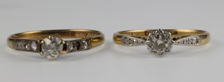 2 18ct gold single stone diamond rings, size M and O 1/2