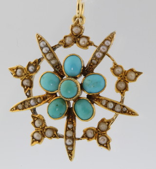 An Edwardian turquoise and seed pearl pendant 