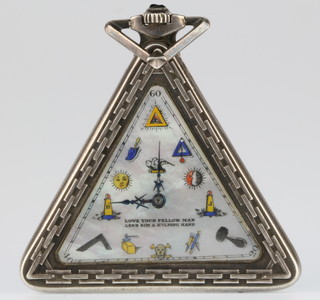 An American silver triangular Masonic pocket watch, the mother of pearl dial with Masonic symbols at 5 minute intervals and inscribed Love your fellow man, lend him a helping hand, the repousse case with Masonic temple and symbols, the inside stamped USA Patent 66542.12863 2 1/4" 