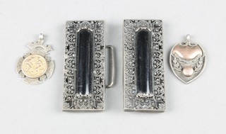 A Continental filigree and hardstone buckle, 2 silver fobs