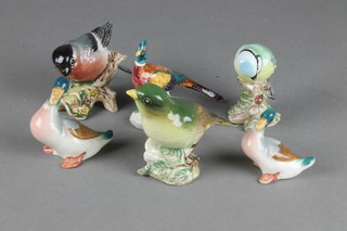 4 Beswick birds - Green Finch 3", Blue Tit 2", Bull Finch 2" and Pheasant 3", 2 similar ducks