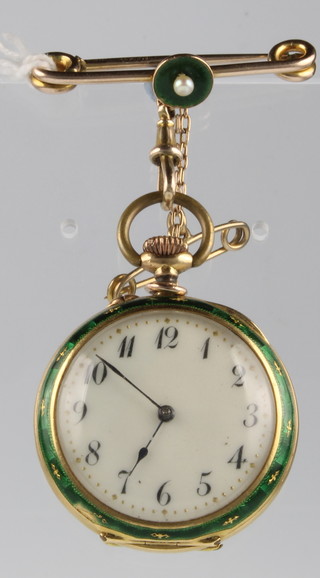 A lady's 18ct gold green guilloche enamelled fob watch on a ditto brooch