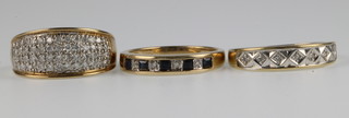 A 9ct gold diamond set ring, size L 1/2, 2 others size L and M