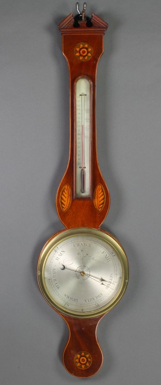 A 19th Century mercury wheel barometer and thermometer contained in an inlaid mahogany case with broken pediment and silvered dial 