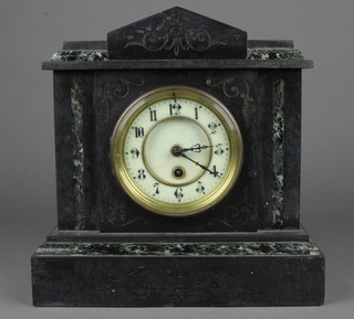 A 19th Century French 8 day timepiece with enamelled dial and Arabic numerals contained in a black marble architectural case 