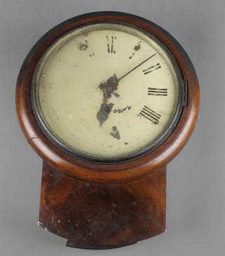 A Victorian fusee drop dial wall clock, the 8" painted dial with Roman numerals contained in a mahogany case with 1/2" back plate
