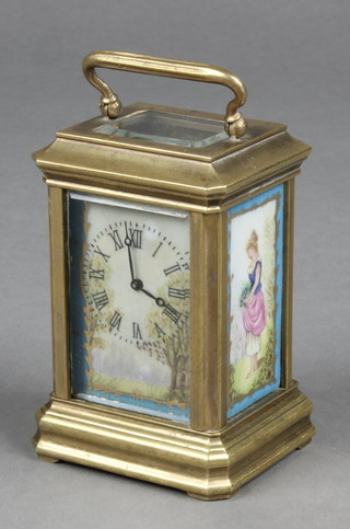 A miniature carriage timepiece contained in a gilt metal case with porcelain dial and Roman numerals, having porcelain plaques to the sides decorated standing ladies 