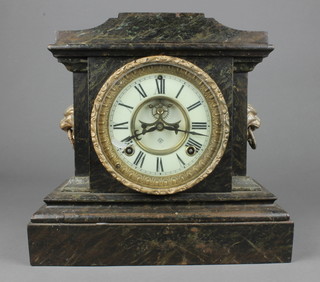 Ansonia, 19th Century American striking mantel clock with visible escapement, porcelain dial and Roman numerals, contained in an iron case 