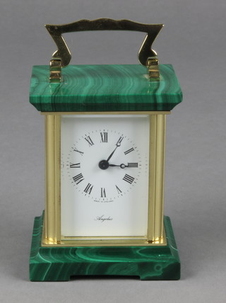 Angelus, a 20th Century miniature carriage timepiece contained in a gilt metal and malachite case 3" 