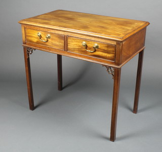 A 19th Century Chippendale style mahogany side table with crossbanded top, fitted 2 long drawers, raised on square tapering supports 29"h x 31"w x 18"d 