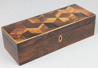A Victorian rectangular rosewood trinket box with marquetry inlaid top 3"h x 9 1/2"w x 3 1/2d 