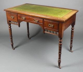 An Edwardian mahogany writing table with green inset writing surface above 1 long and 2 short drawers with bobbin turned decoration, raised on turned supports 29"h x 40"w x 22"d 