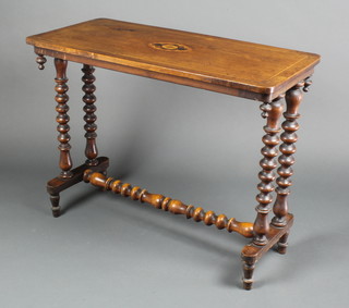A Victorian inlaid mahogany stretcher table, raised on bobbin turned supports with H framed stretcher 26"h x 34"w x 16"d 
