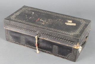 A 19th Century camphor and elephant hide rectangular box with hinged lid, brass banding and drop handles to the sides, 6"h x 20"w x 10"d