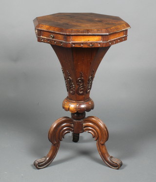 A Victorian rosewood work box of octagonal conical form, raised on a pillar and tripod base 28 1/2"h x 18"w x 17 1/2"d 
