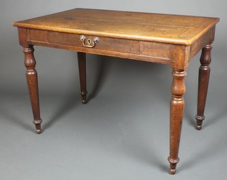 A Victorian rectangular mahogany side table, fitted a frieze drawer and raised on turned supports 29"h x 40 1/2"w x 25"d