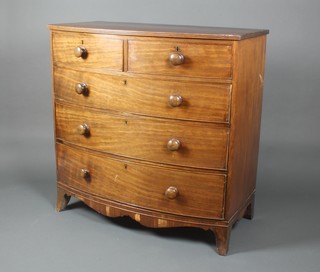 A Victorian mahogany bow front chest of 2 short and 3 long drawers with tore handles and brass escutcheon 41"h x 41 1/2"w x 21 1/2"d 