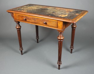 A 19th Century Maples style rectangular library table with inset writing surface, fitted 1 long drawer raised on turned and fluted supports 29 1/2"h x 42"w x 21"d