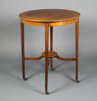 An Edwardian circular inlaid mahogany 2 tier occasional table, raised on square tapered supports with ebony stringing 29"h x 24" diam. 