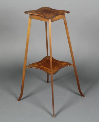A square Edwardian shaped inlaid mahogany 2 tier jardiniere stand 27"h x 9"w x 9"d 
