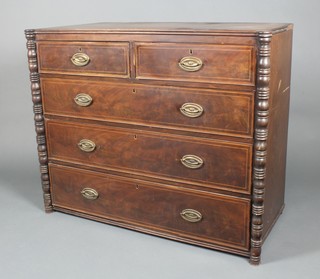 A Georgian mahogany chest with crossbanded and inlaid top, having columns to the side fitted 2 short and 3 long drawers, raised on turned supports 36"h x 44"w x 21"d 
