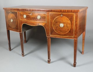 A Georgian mahogany bow front sideboard fitted 1 long drawer flanked by 2 short drawers, raised on square tapering supports, spade feet 36"h x 59"w x 26 1/2" 