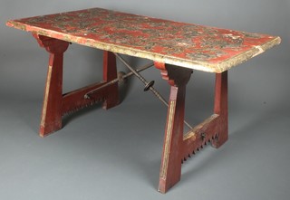 An Italian style composition and plaster refectory table with metal X framed stretcher 30"h x 59"l x 33"w 
