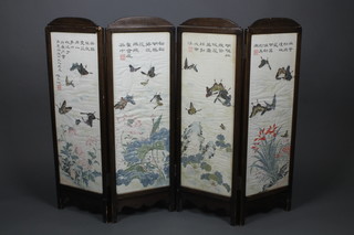 A Chinese 4 fold screen with panels decorated butterflies and script, 38 1/2"h x 51"w 