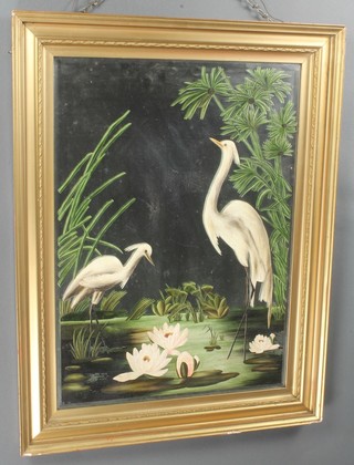 A Victorian rectangular plate painted mirror decorated storks 31" x 24" 