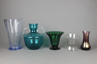 A turquoise coloured glass 2 handled vase 11" and minor coloured glassware 