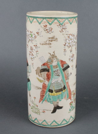 An early 20th Century Satsuma cylindrical vase decorated with warriors 9 1/2" 