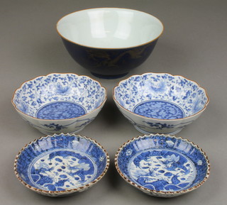 2 early 20th Century Chinese blue and white shallow bowls with 6 character marks 5" and 3 other bowls 