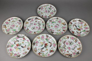8 19th Century famille rose plates decorated with insects amongst fruits and flowers 8" 