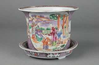 A good 18th Century Compagnie des arts famille rose export cylindrical jardiniere with flared neck, the fish scale ground with panels of figures and animals in landscapes with matching stand 