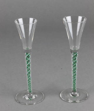 A pair of 19th Century cordials with spiral colour twist stems 6" 