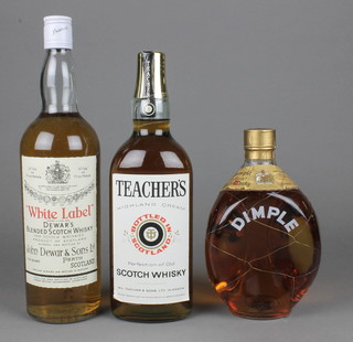 A bottle of Dimple Haig whisky, a bottle of Teachers Highland Cream whisky, a bottle of Dewars White Label whisky 
