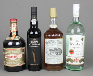 A litre bottle of Southern Comfort whisky, a 100 cl bottle of Bacardi, a bottle of Dowes Midnight Port and a bottle of Drambuie 