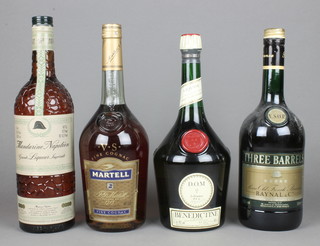 A litre bottle of Mandarine Napoleon liqueur, a litre bottle of Martel Cognac, a litre bottle of Three Barrels cognac, a 100cl bottle of Benedictine 